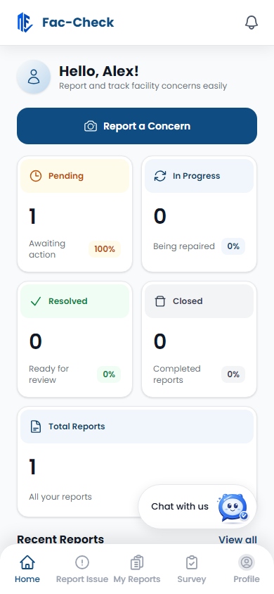 Fac-Check reporter dashboard shown on a mobile screen.